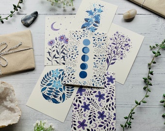 Cosmic Greeting Cards Pack of 6 - Moon & Stars Floral Illustration Art Card Multipack - Watercolour Space - Any Occasion Cards