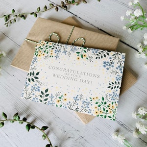 Congratulations on your Wedding Day Card - Pretty Dainty Floral Wildflowers Botanical - Blue and Yellow - Marriage Gift