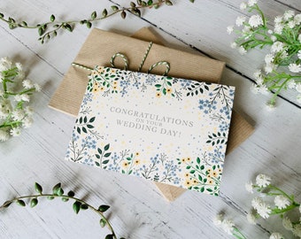 Félicitations pour votre carte du jour du mariage - Jolies fleurs sauvages florales botaniques - Bleu et jaune - Cadeau de mariage