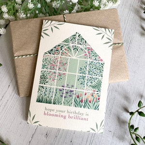 Blühende brillante Geburtstagskarte - Gewächshaus Blumen Garten - Aquarell illustrierte Kunst Grußkarte - Geschenk für Gärtner