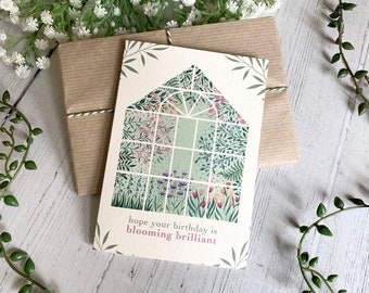 Blooming Brilliant Birthday Card - Greenhouse Flowers Garden - Watercolour Illustrated Art Greeting Card - Gift for Gardeners