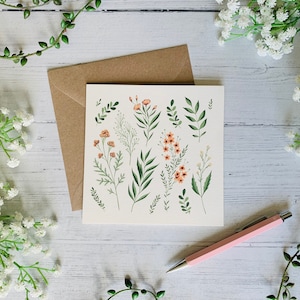 Carte de voeux fleurs orange et jaune - petites fleurs sauvages illustrées - carte d'art botanique aquarelle nature - intérieur vierge - enveloppe