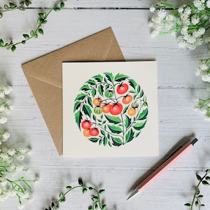 Carte de voeux tomates - carte d'art aquarelle - plant de tomate botanique - nature fruitée illustrée - intérieur vierge - enveloppe incluse