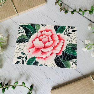 Carte postale de pivoine rose - Carte de fleur de jardin - Nature illustrée - Carte de note aquarelle - Carte florale botanique A6 - Petit tirage d'art