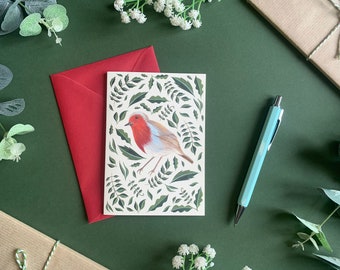 Robin Xmas Card - Christmas Robin Redbreast - Botanical Illustrated Art - A6 - Blank Inside - Envelope Included