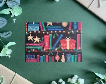 Christmas Books Postcard - Festive Bookshelf - Cosy Festive Illustrated Card for Book Lovers - Xmas 2022