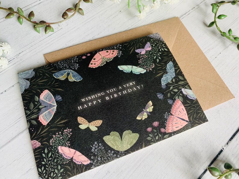 Night Moths Happy Birthday Card Floral Illustrated Card Dark Academia Style Art Butterflies and Flowers Card for Her image 2