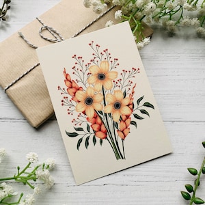 Pastellgelbe Blumenpostkarte - Frühlingsblumenstrauß - Florale Natur illustriert - Aquarell Blätter Notizkarte - Kleiner Kunstdruck