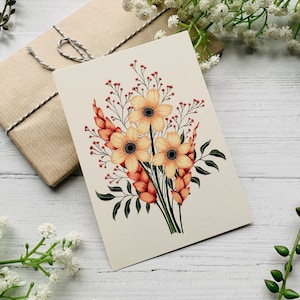 Pastel Yellow Bouquet Postcard - Modern Spring Flower Bunch - Floral Nature Illustrated - Watercolour Leaves Notecard - Small Art Print