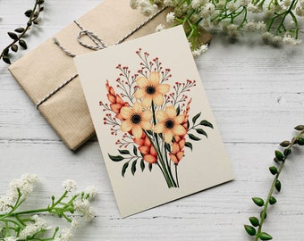 Pastel Yellow Bouquet Postcard - Modern Spring Flower Bunch - Floral Nature Illustrated - Watercolour Leaves Notecard - Small Art Print