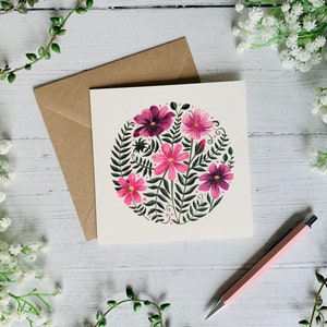 Cosmos Flower Greeting Card - Pink Floral Illustrated - Watercolour Botanical Art Card - Blank Inside - Envelope Included