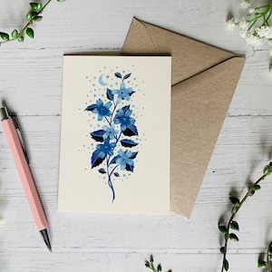 Carte de voeux florale lune bleue - carte d'art illustration florale cosmique - espace aquarelle - cartes pour toute occasion