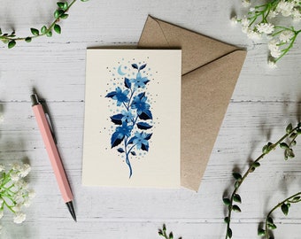 Blue Moon Floral Greeting Card - Cosmic Floral Illustration Art Card - Watercolour Space - Any Occasion Cards