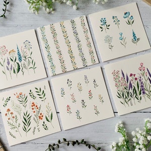 Lot de 6 cartes de voeux florales pastel - emballage multiple de petites cartes d'art floral - ensemble illustré d'aquarelles - botanique - toutes les occasions