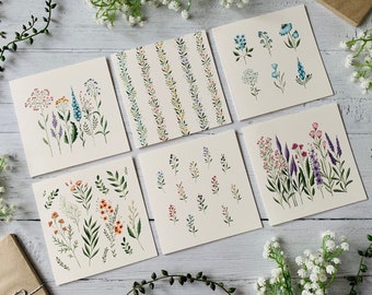 Pastel Floral Pack of 6 Greeting Cards - Tiny Floral Art Cards Multipack - Watercolour Illustrated Set - Botanical - Any Occasion