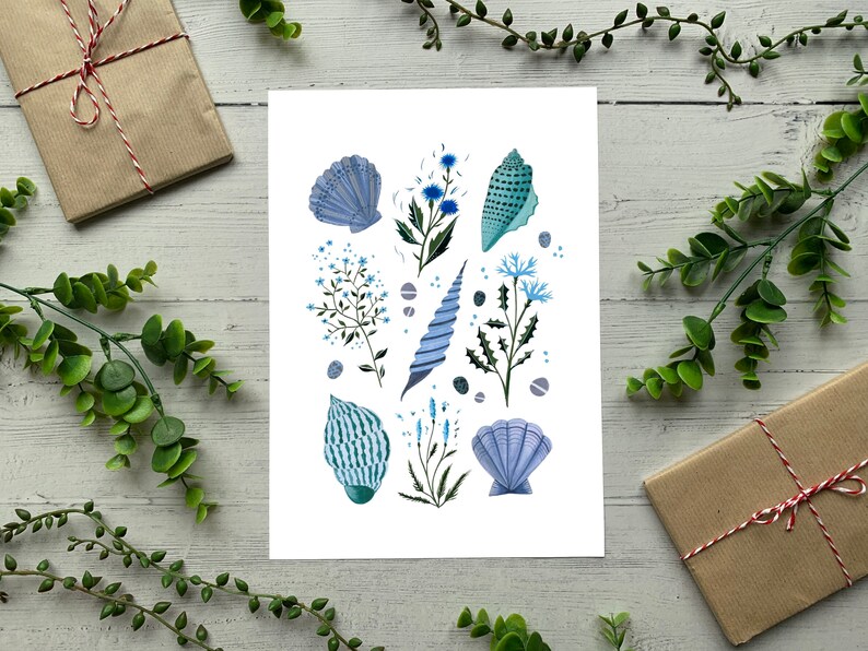 Blue Watercolour Illustration Artists Print A5 Coastal Wildflowers and Shells Art Print A4 or A3 Beach Seashells Poster