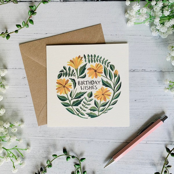 Birthday Wishes Card - Yellow Marigold Watercolor Greeting Card - Illustrated Floral Card - Blank Inside - Botanical Illustration