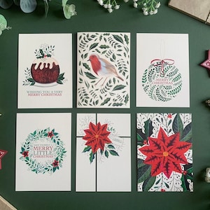Pack de cartes de Noël botaniques de 6 - Multipack de cartes d’art d’illustration de feuillage de Noël festif - Aquarelle Botanique