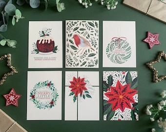Botanical Christmas Cards Pack of 6 - Festive Xmas Foliage Illustration Art Card Multipack - Watercolour Botanical