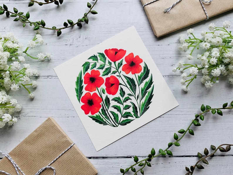 Poppy Greeting Card Floral Poppies Watercolour Illustrated Art Card Botanical Flower Painting Blank Inside Envelope Included image 3