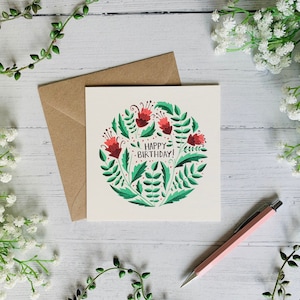 Alles Gute zum Geburtstag Blumengrußkarte - Aquarell Karte - Illustrierter Folk Stil - Innen leer - Botanische Illustration