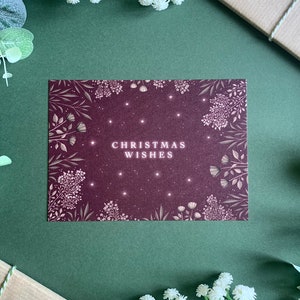 Carte postale de vœux de Noël - Art botanique rouge et or chic - Carte illustrée festive confortable - Noël 2022