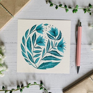 Volkskunst Postkarte - Aquarell Monochrome Blumenkarte - Blume - Natur illustriert - Botanische Notizkarte - Kleiner Kunstdruck
