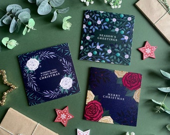 Set di 3 cartoline di Natale di lusso - Rose invernali classiche - Pacchetto di biglietti natalizi floreali festivi - Buste Kraft incluse