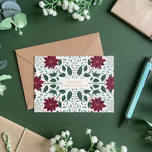 Botanische Weihnachtskarte - Weihnachtsstern, Stechpalme, Mistelzweig - Illustrierte Weihnachtskunst - Feiertagsgrußkarte - Kraftpapierumschlag eingeschlossen