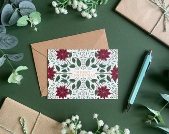 Botanical Christmas Card - Poinsettia Holly Mistletoe - Illustrated Xmas Art - Holiday Greeting Card - Kraft Envelope Included