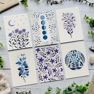 Set of 6 Cosmic Floral Postcards - Moon and Stars Collection - Space Watercolour Blue and Purple Notecards Pack - Art Cards