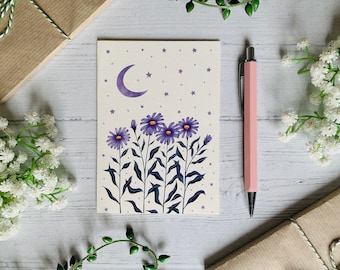 Aster Postcard - Moon and Stars - Nature Illustrated - Watercolour Purple Flowers and Leaves Notecard - A6 Card - Small Art Print