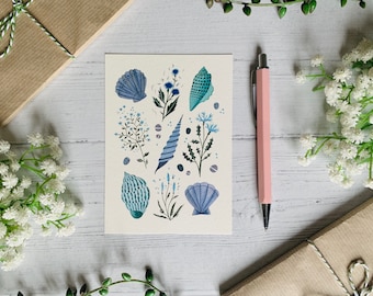 Coastal Art Postcard - Seashells and Wildflowers - Nature Illustrated - Watercolour Notecard - A6 Seaside Beach Card - Small Art Print