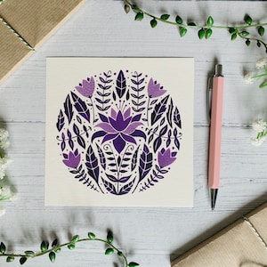 Lila Volkskunst Postkarte - Aquarell Blumen Karte - Blume - Natur illustriert - Botanische Grußkarte - Kleiner Kunstdruck