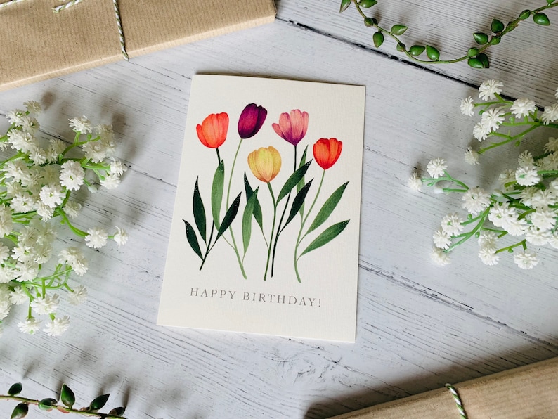 Tulips Happy Birthday Greeting Card Bright Garden Floral Illustration Art Card Watercolour Flowers Gift for Gardeners image 5