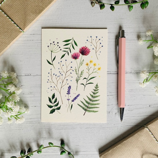 Postal de flores silvestres - Tarjeta de notas con flores prensadas en acuarela - Naturaleza ilustrada - Tarjeta botánica con flores A6 - Impresión artística pequeña