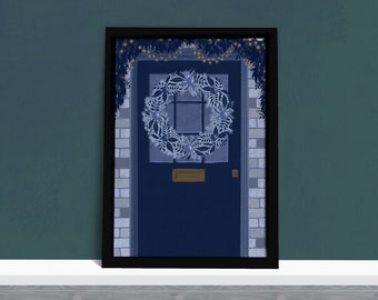 Impression d’art de porte d’entrée festive - Couronne de Noël - Décoration florale bleue - Art mural illustré - Décor de vacances