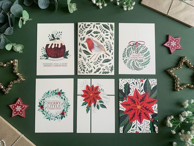 Conjunto de postales navideñas de 6 Paquete múltiple de tarjetas de arte con ilustración de follaje navideño festivo botánico Acuarela botánica imagen 2