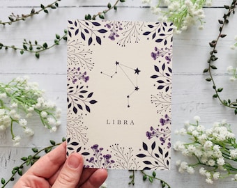 Libra Starsign Postcard - Zodiac Constellation - Purple Floral Nature Illustrated - Flowers Leaves Notecard - Cosmic Celestial Art Print