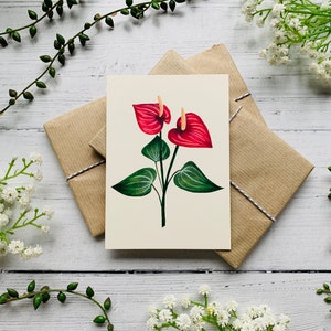 Carte postale de fleur de flamant rose d’Anthurium - Forêt tropicale humide - Nature botanique illustrée - Carte de note aquarelle - Carte A6 - Impression d’art