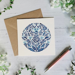 Floral Greeting Card - Blue Folk Style Illustrated - Watercolour Flowers Art Card - Blank Inside - Envelope Included