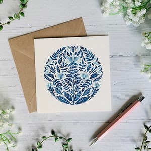 Floral Greeting Card - Blue Folk Style Illustrated - Watercolour Flowers Art Card - Blank Inside - Envelope Included