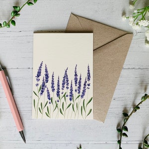 Champ de lavande carte de voeux - fleurs sauvages violettes - carte d'art illustration florale - fleurs aquarelles - cartes pour toute occasion