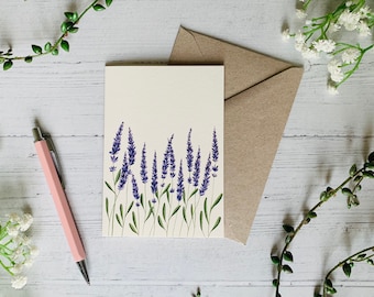 Lavender Field Greeting Card - Purple Wildflowers - Floral Illustration Art Card - Watercolour Flowers - Any Occasion Cards