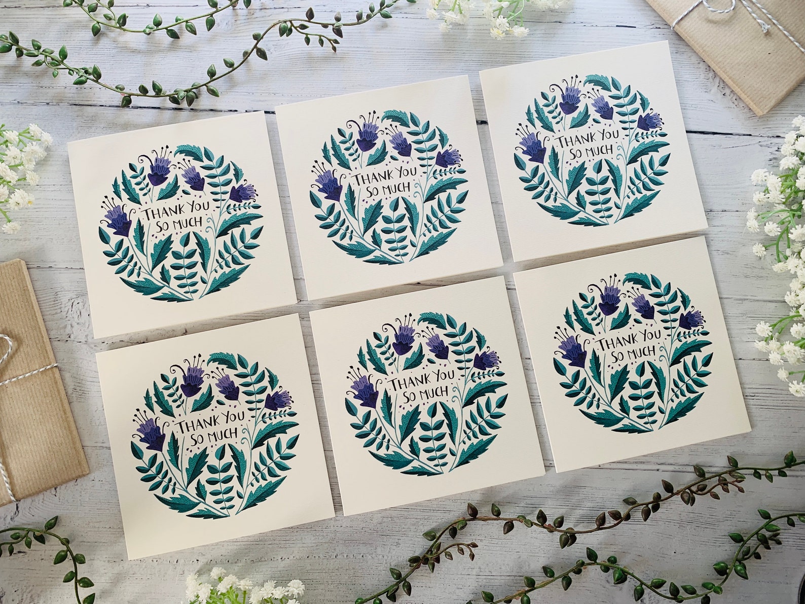 Set of 6 Thank You Cards - Floral Watercolor Greeting Card Pack - Folk ...