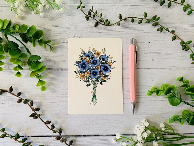 Blue Floral Postcard Set of 6 Wildflowers and Leaves Botanical Notecards Pack Nature Illustrated A6 Flower Art Cards Mini Prints image 3