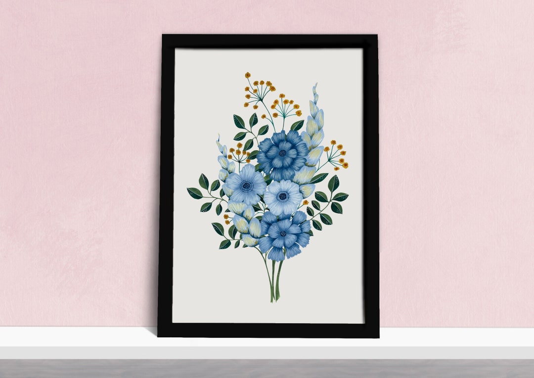 Blue Floral Bouquet Art Print - Flower Arrangement Poster - Simple ...
