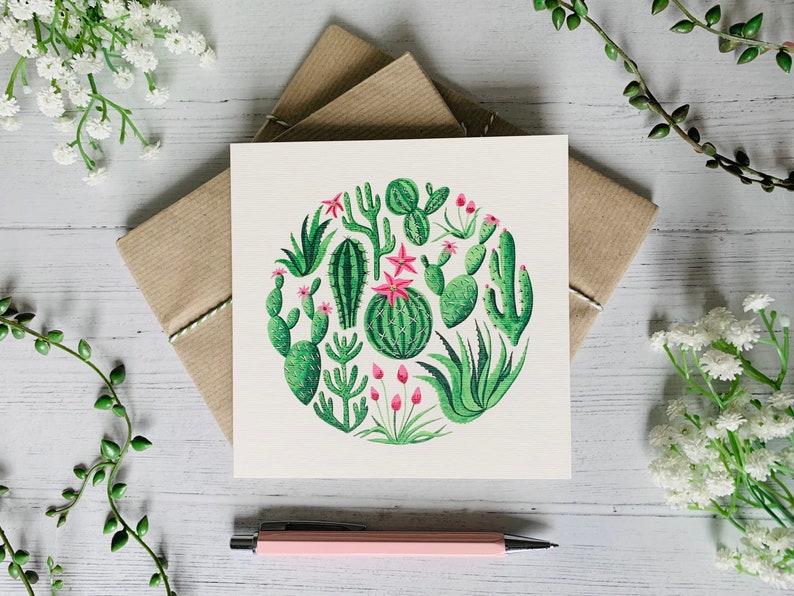 Cactus Greeting Card Cacti and Succulents Watercolour Illustrated Botanical Art Notecard Blank Inside Envelope Included image 2