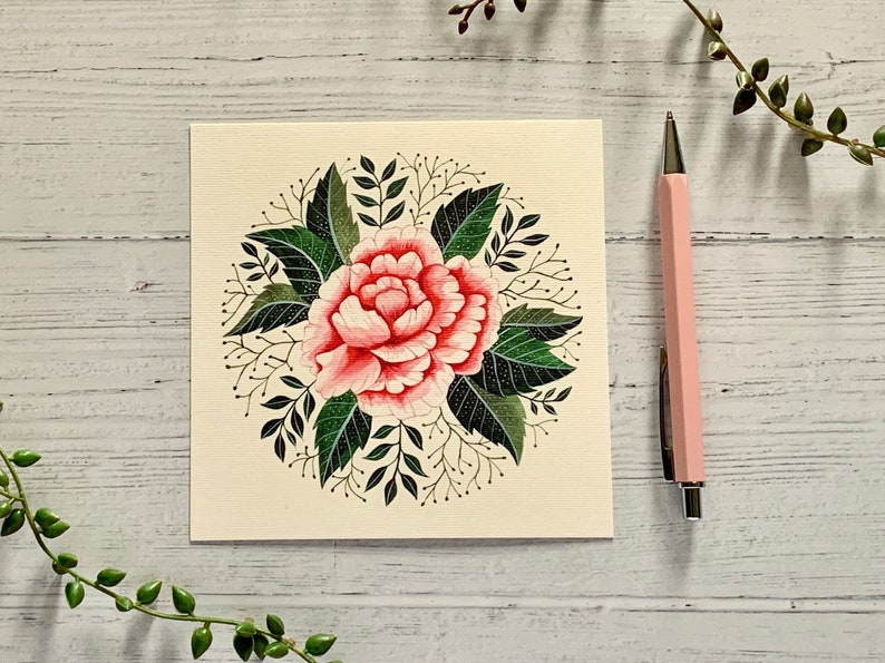 Dainty Floral Card Small Art Print Watercolour Garden Flower Nature Illustrated Pink Peony Postcard Botanical Notecard
