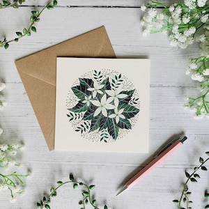 Carte de voeux fleur blanche de jasmin - carte florale de jardin aquarelle - nature illustrée - carte de correspondance botanique - blanc à l'intérieur